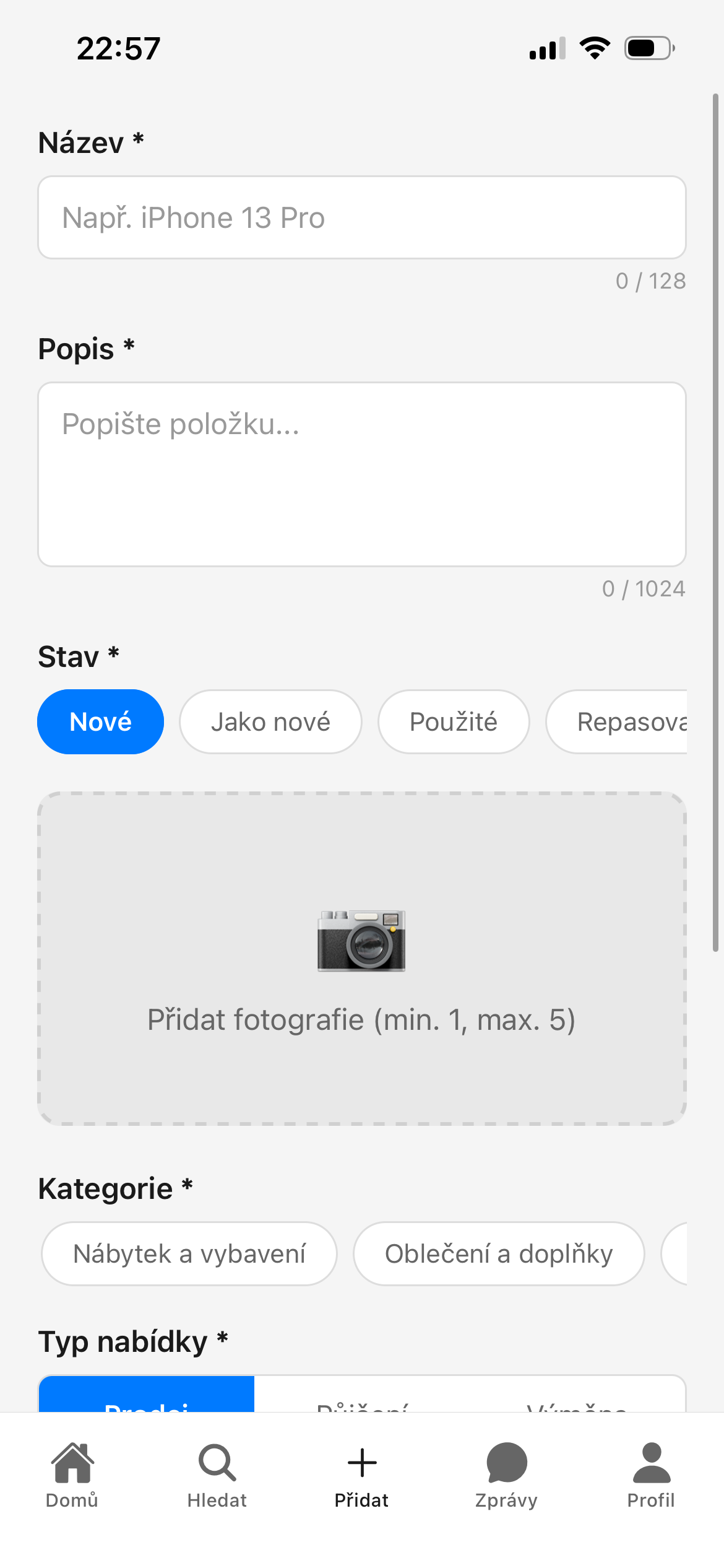 Formulář pro vytvoření inzerátu